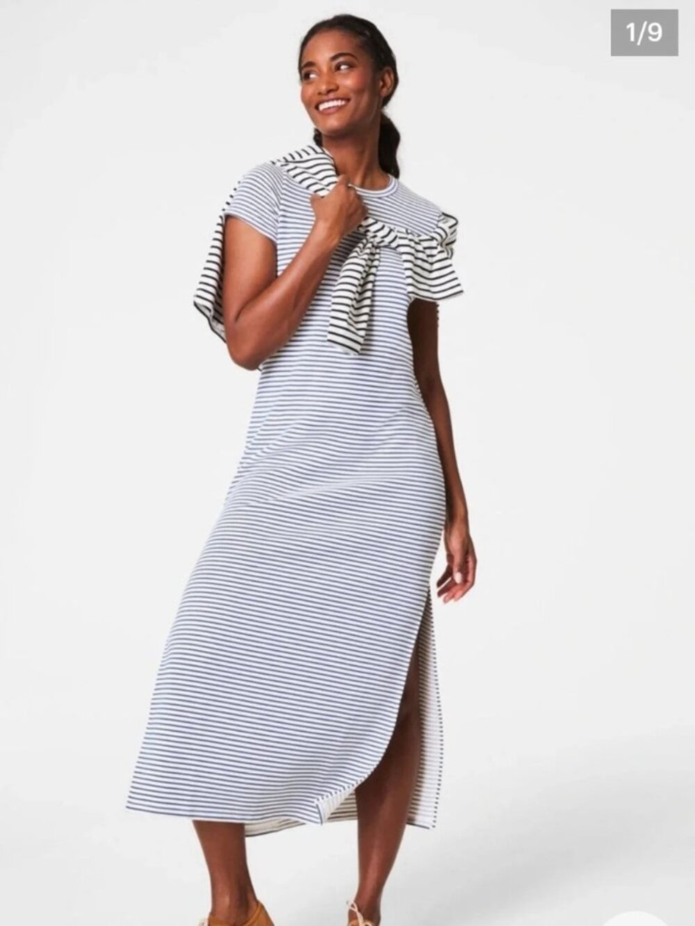Spanx Women's Sz. XS Blue & White Stripe Short Sleeve Midi Length Dress